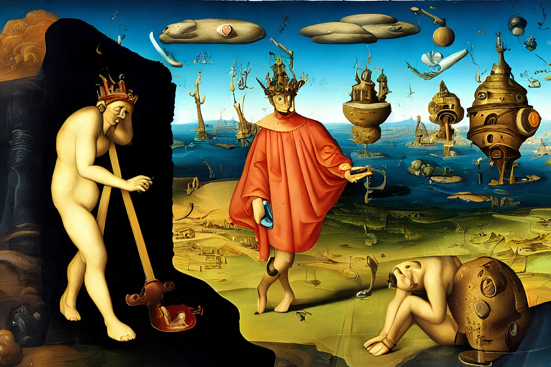 Surreal Artwork Featuring Crowned Figure, Airships, Nude Person, Creatures, and Wh