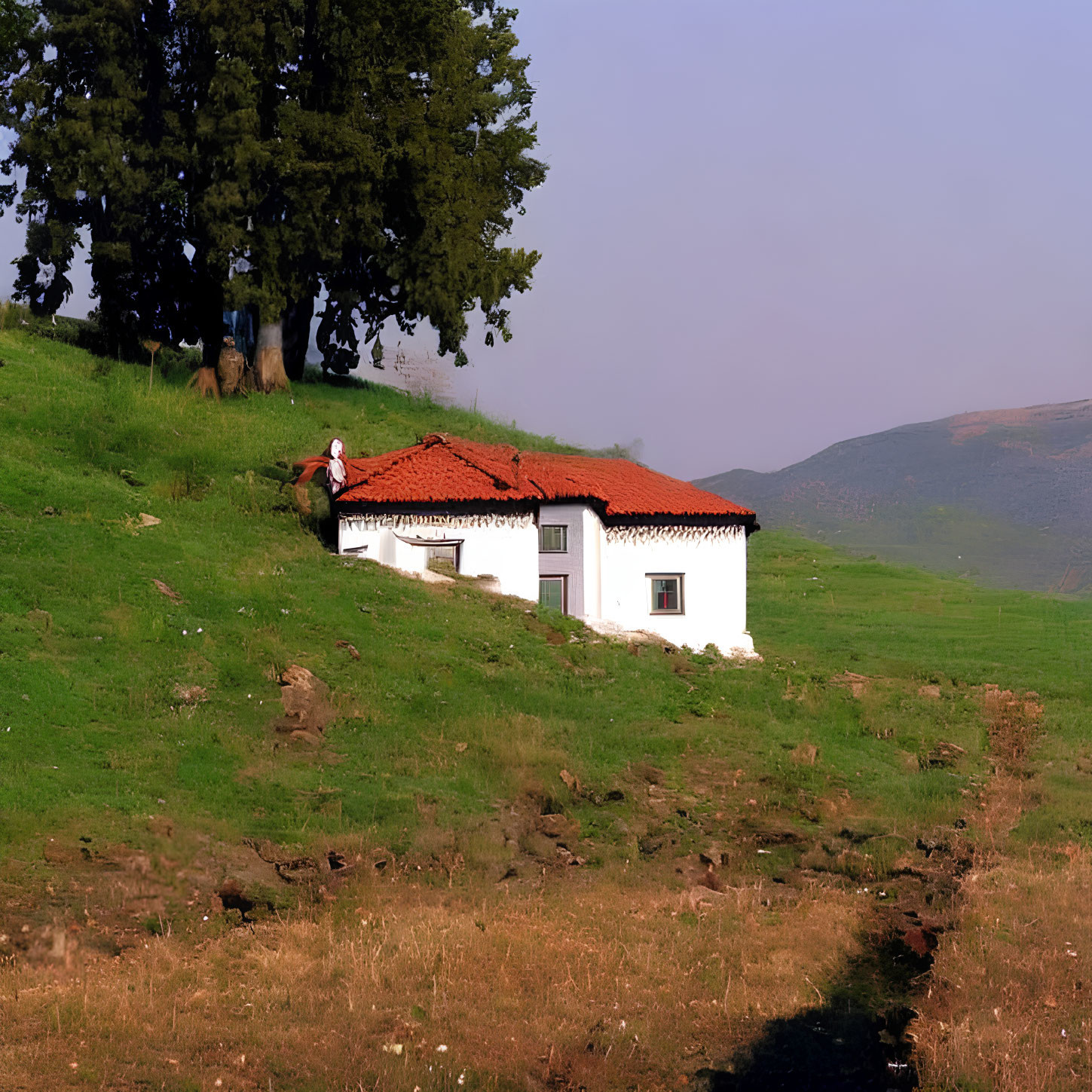 White rural house with red roof on green hillside, person sitting, trees, blue sky