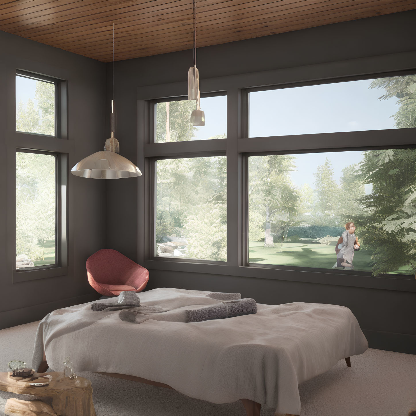 Modern Bedroom with Large Windows, Grey Bed Linens, Red Chair, Wooden Ceiling, and Nature View