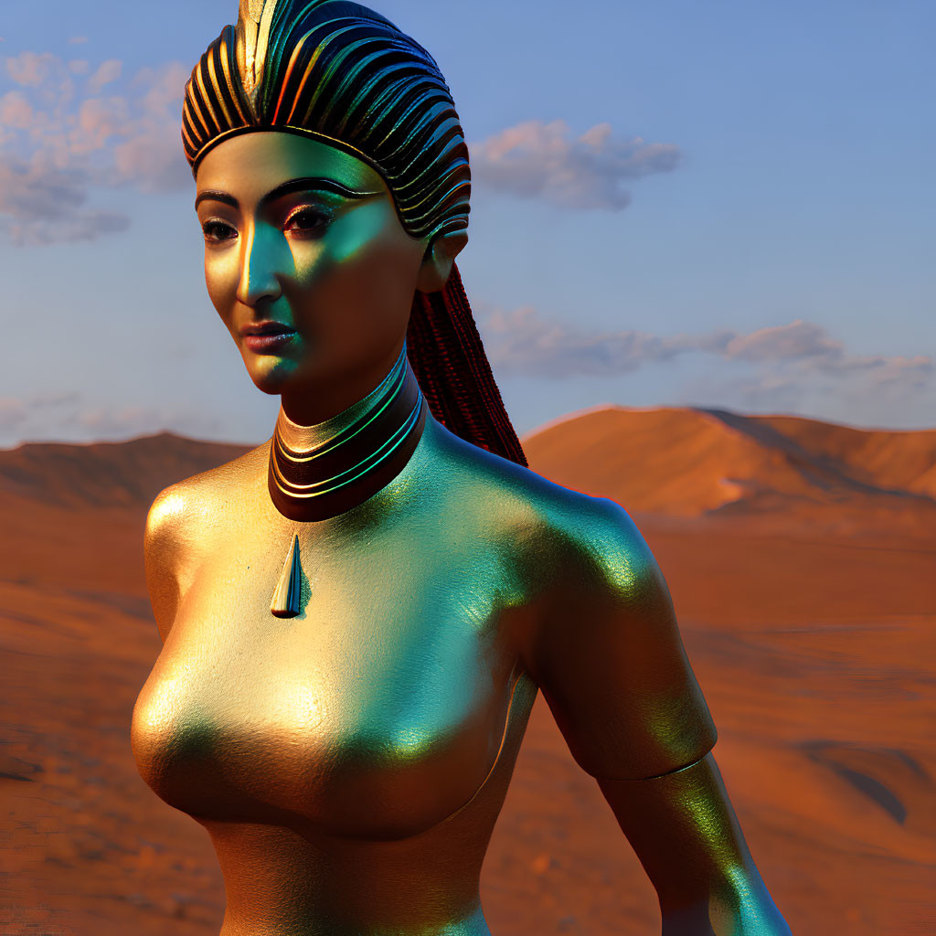 Golden female figure with Egyptian headdress in desert landscape.