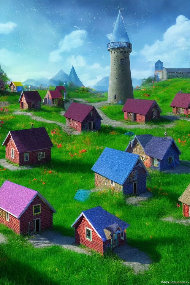 Colorful rural landscape with houses, tower, and greenery under blue sky