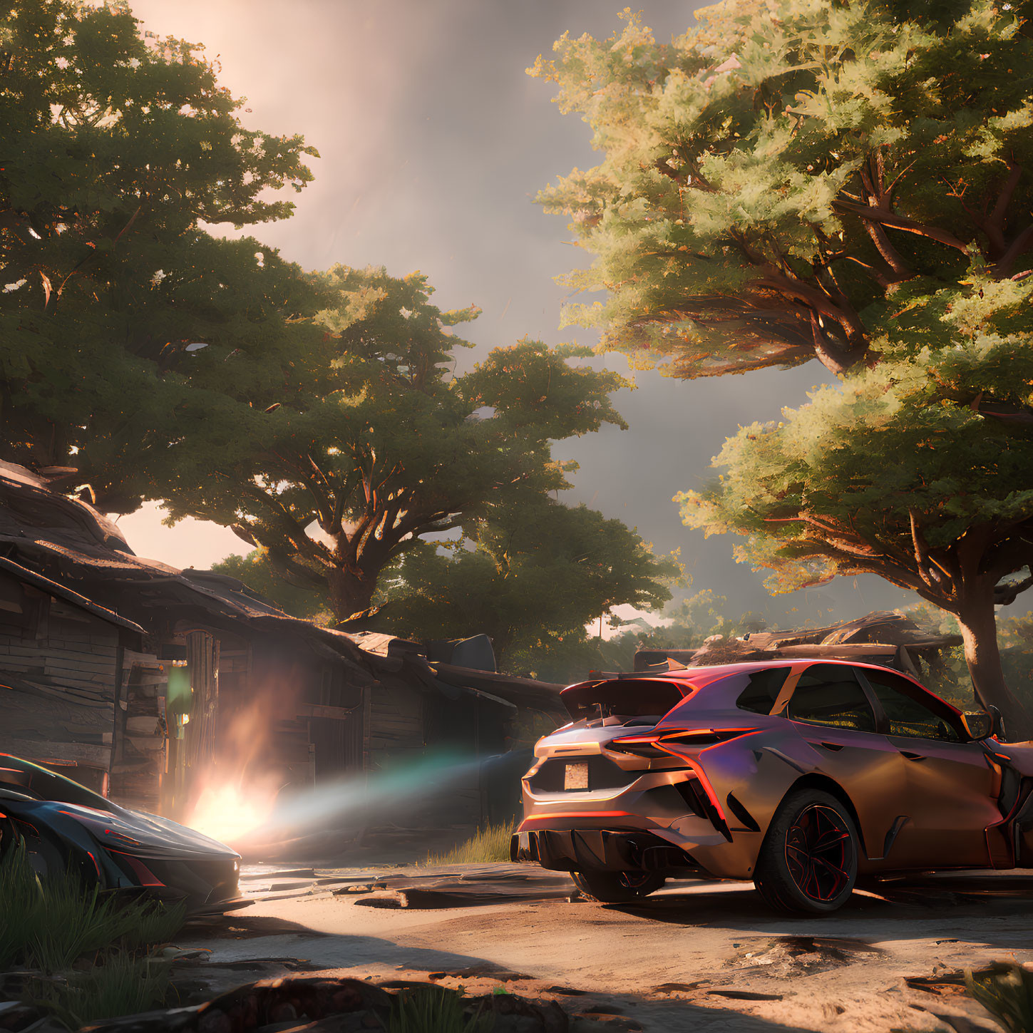 Futuristic cars parked by rustic cabins in forest sunset scene