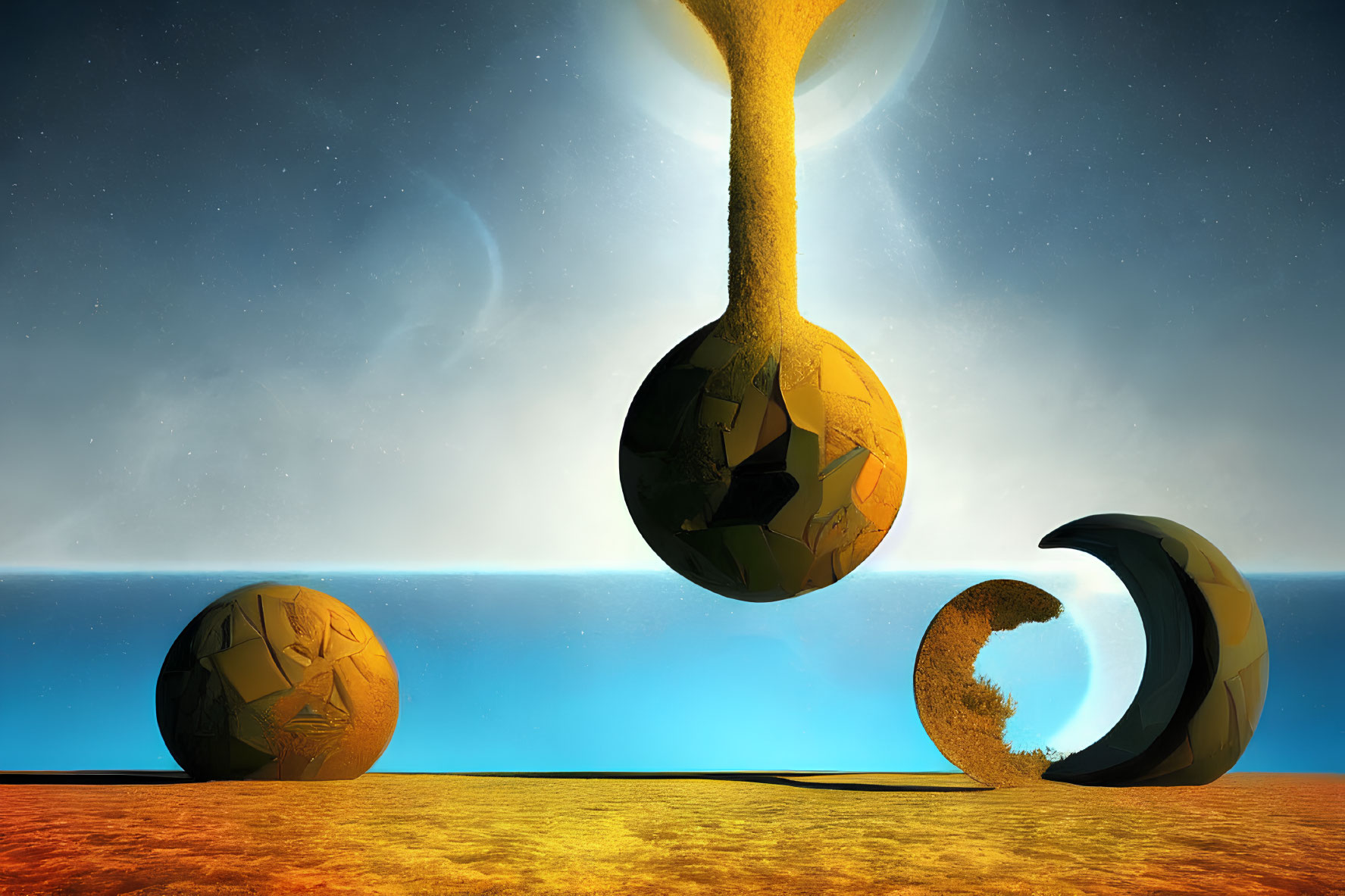 Surreal landscape with cracked spheres and floating hourglass