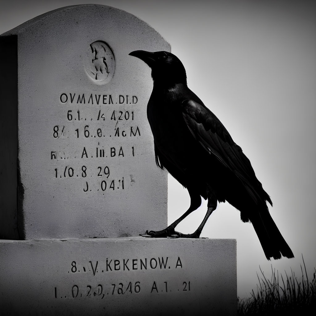 Monochrome image of crow on gravestone with inscriptions
