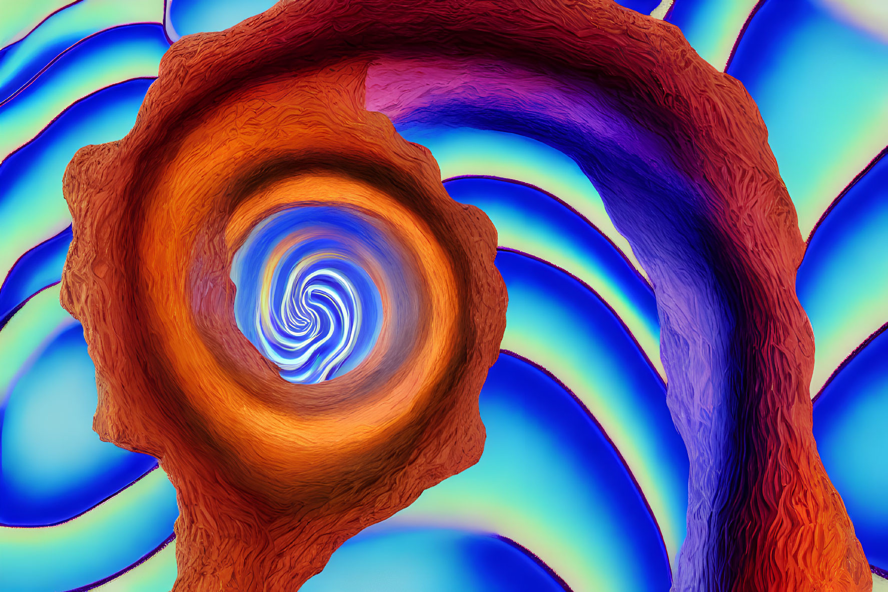 Vivid Blue Swirling Pattern with Orange and Brown Spiral Structure