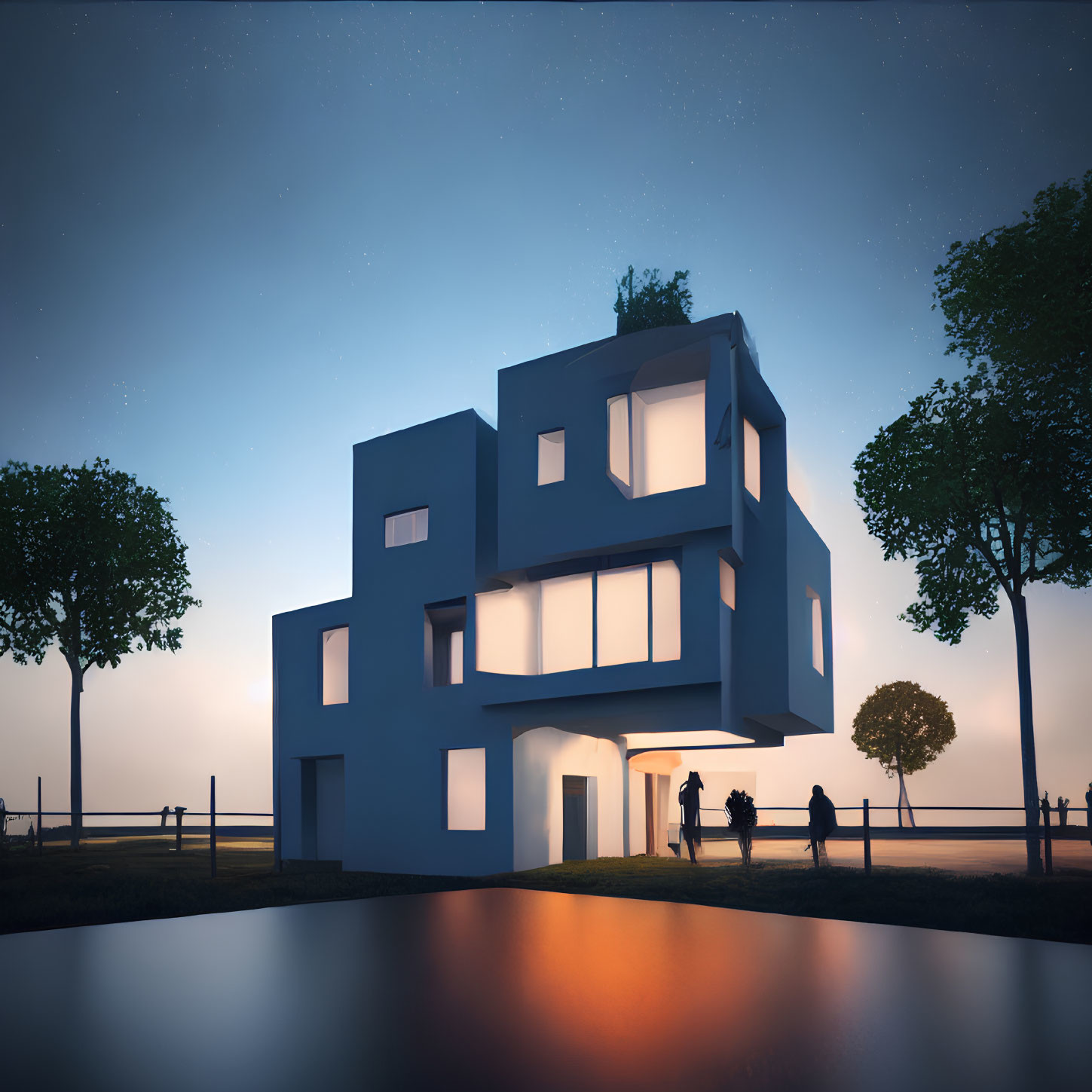 Contemporary geometric blue house at twilight with illuminated windows and water reflection.