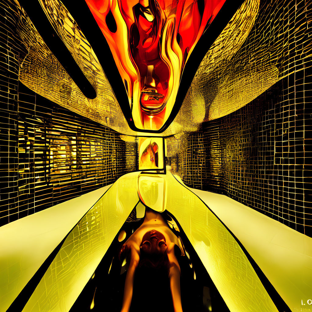 Abstract digital art: Vibrant red and yellow palette, wavy central figure, symmetrical corridor effect
