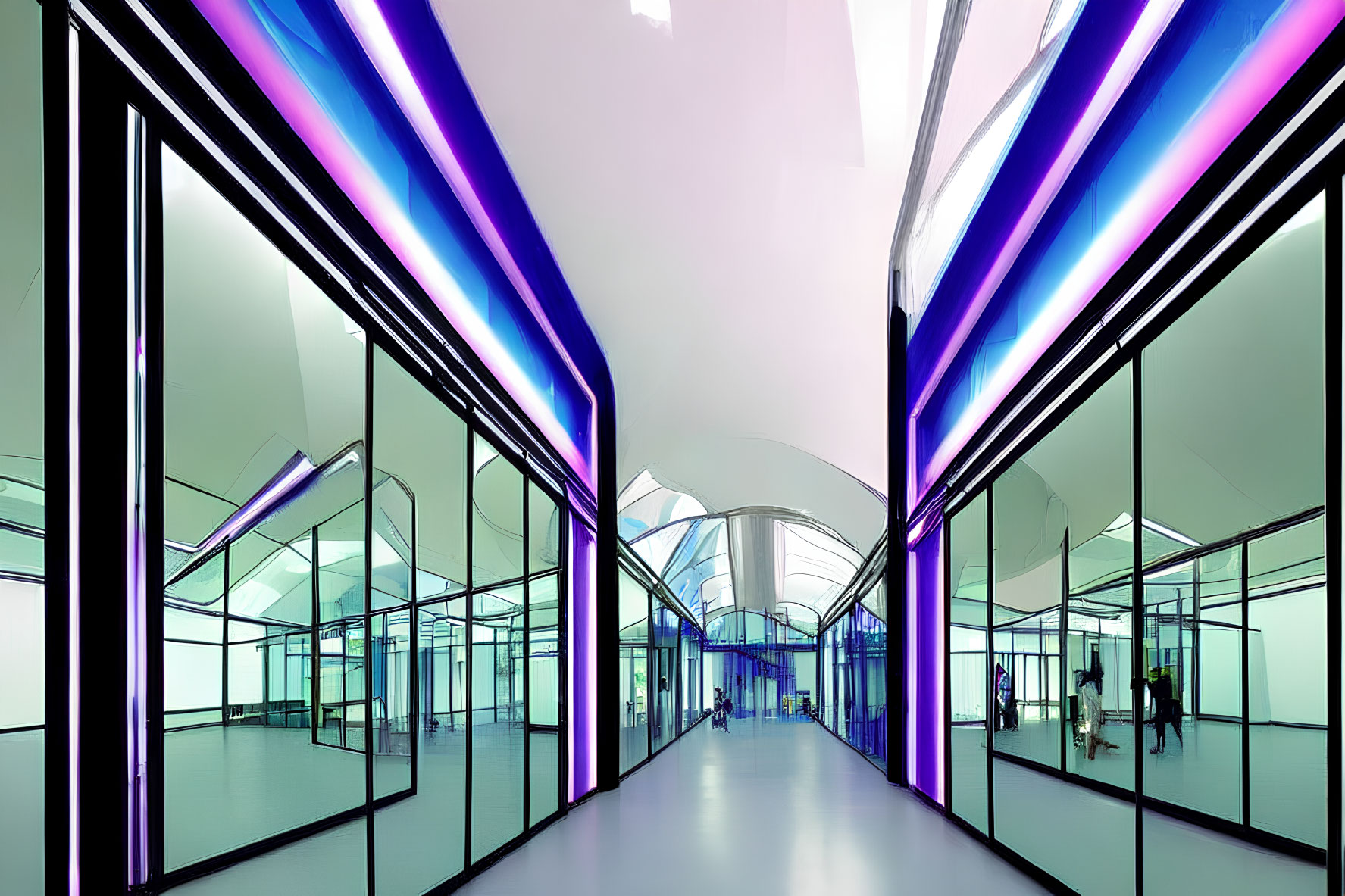 Futuristic corridor with neon-blue lights and figure walking