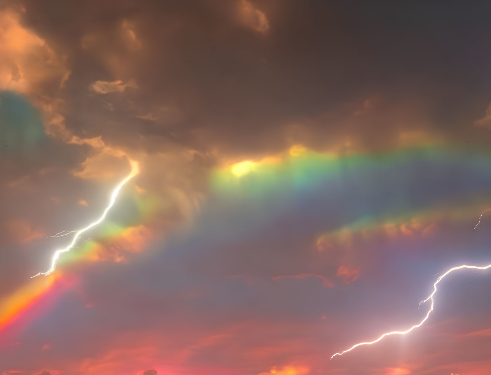 Iridescent Cloud Colors and Lightning in Stormy Sky