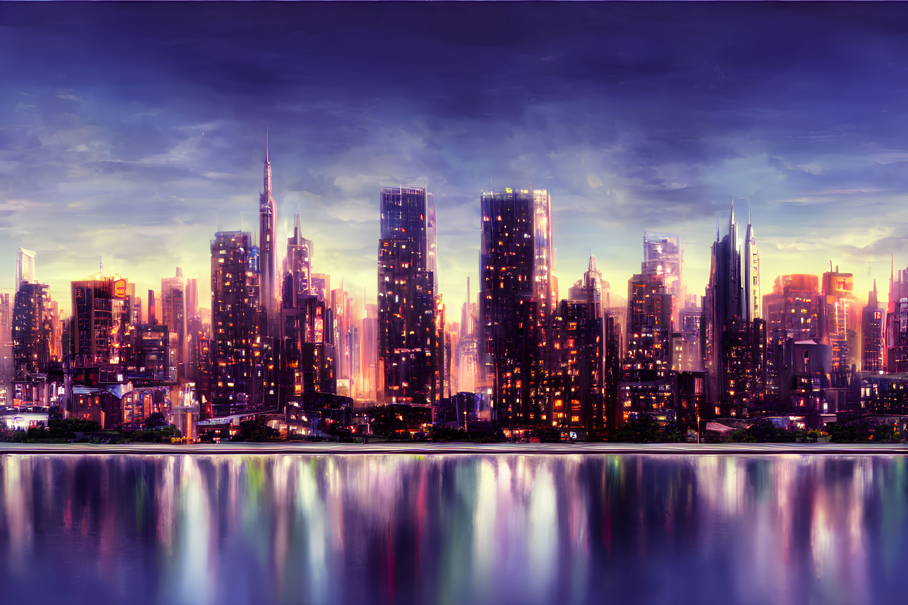 Twilight cityscape with illuminated skyscrapers reflecting on calm water