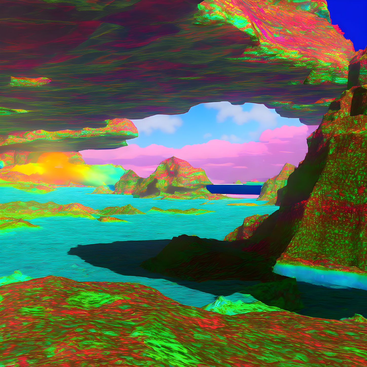 Colorful Psychedelic Landscape Overlooking Turquoise Sea