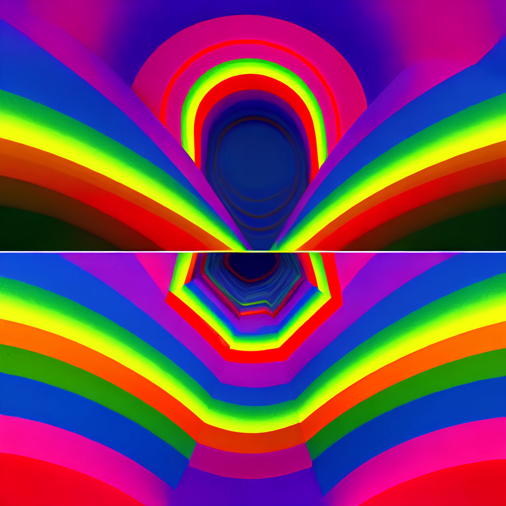 Symmetrical rainbow arches in vibrant abstract art.