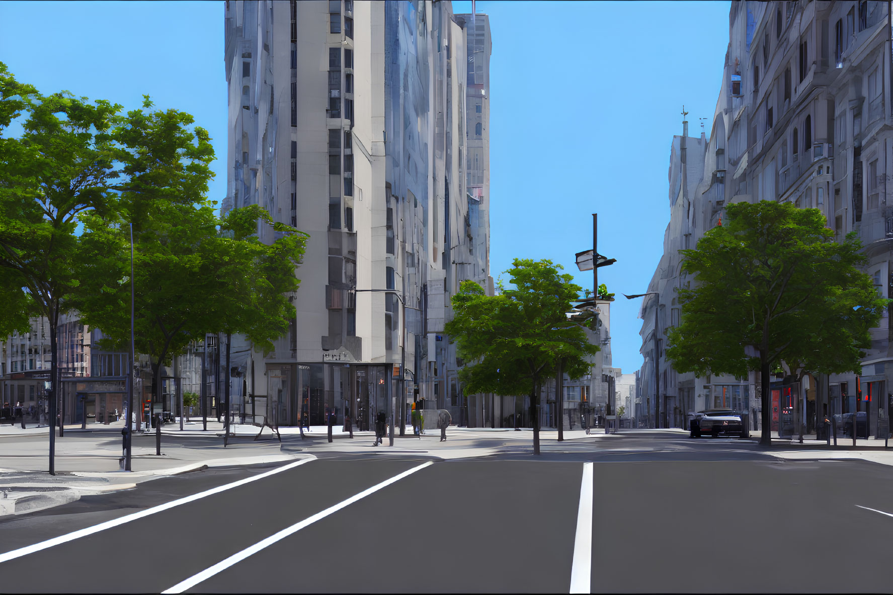 Urban street scene with modern and classical buildings, green trees, crosswalks, and minimal car traffic