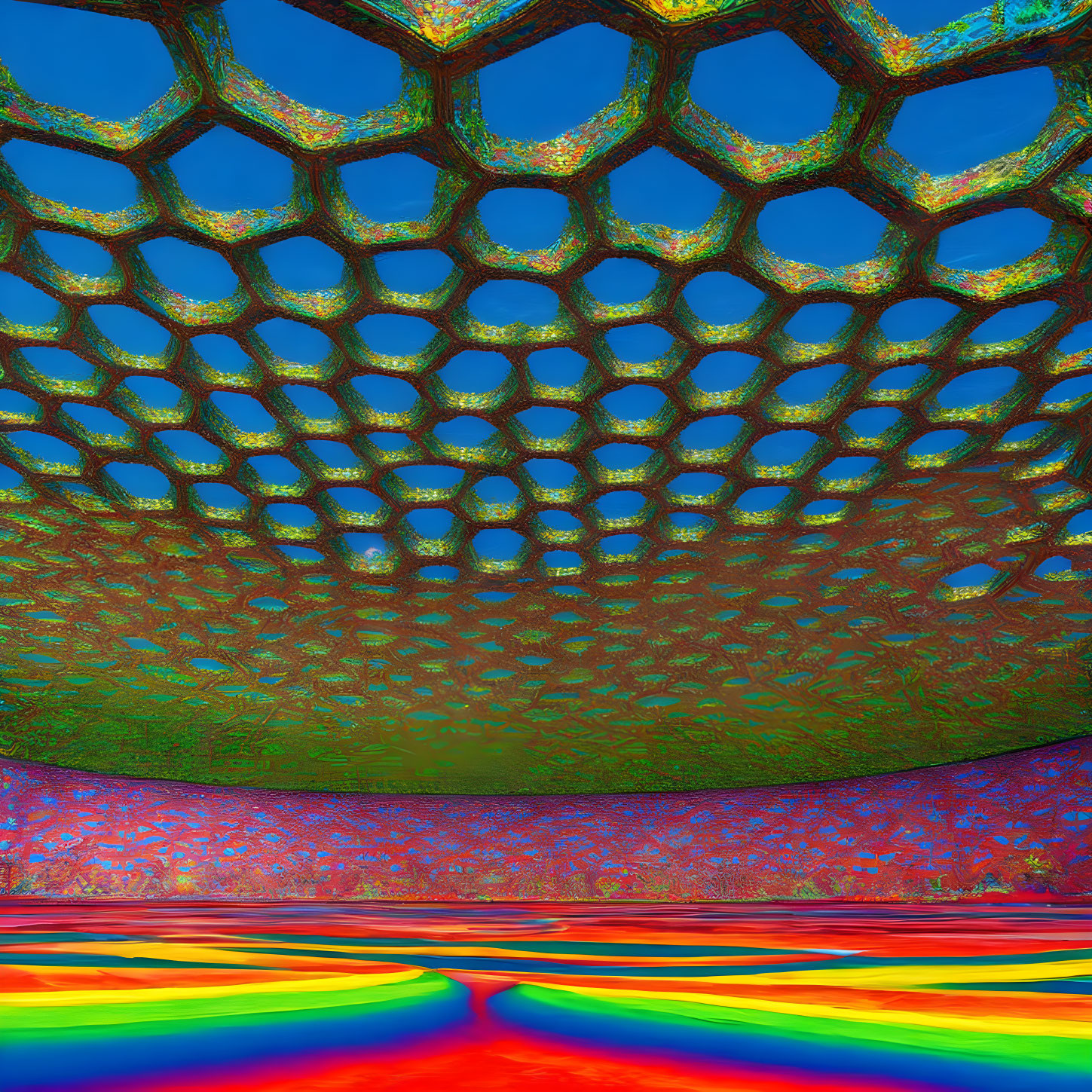 Colorful Psychedelic Interior with Honeycomb-Patterned Ceiling