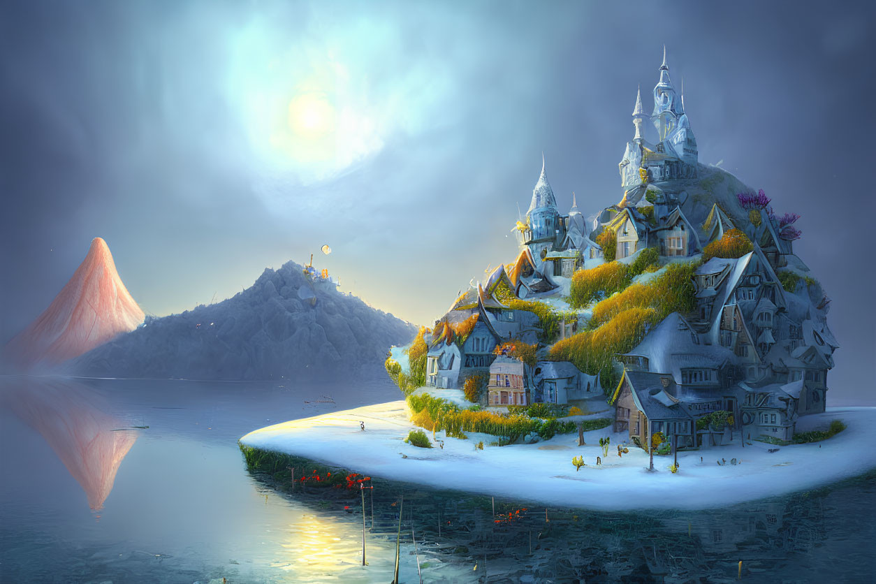 Fantasy landscape with illuminated castle on island, glowing sun, calm waters, distant volcano, vibrant vegetation