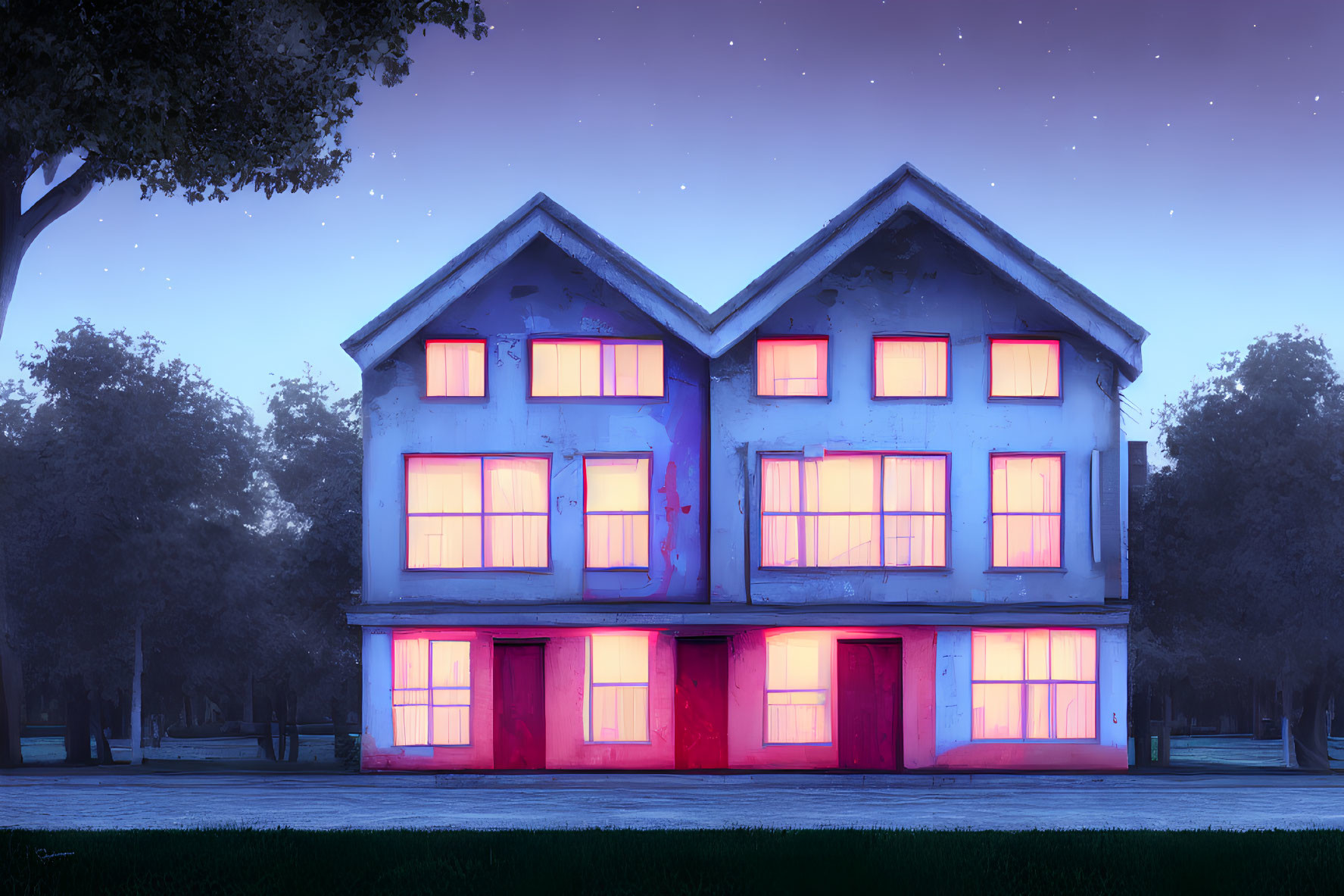 Symmetrical two-story house with red windows and door at twilight