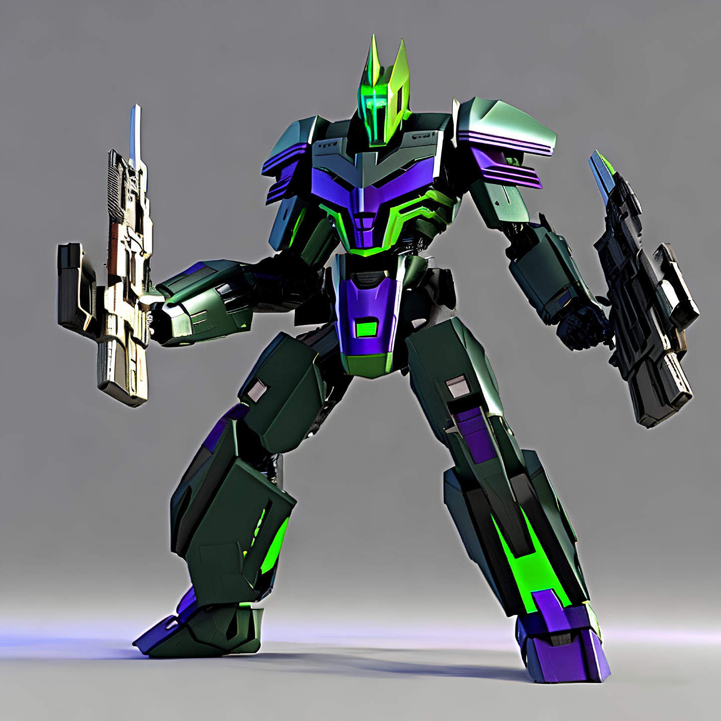 Bipedal green and purple robot with guns on gray background
