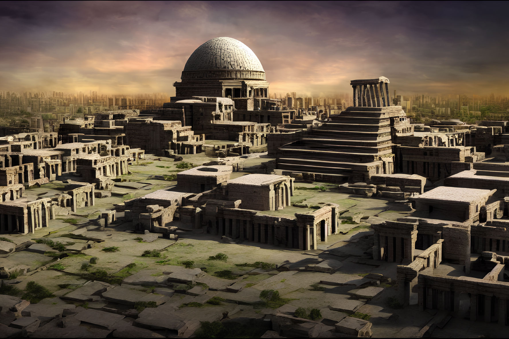 Futuristic ancient city with classical architecture and dramatic sky