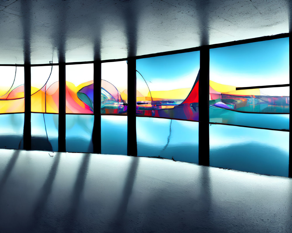 Colorful Abstract Art Installation Reflected Through Curved Glass
