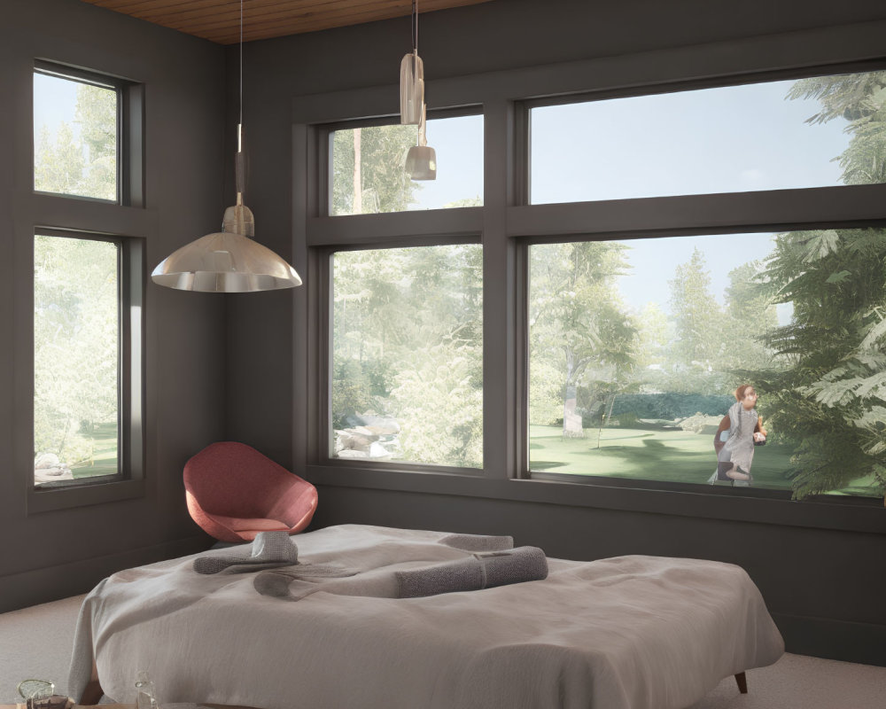 Modern Bedroom with Large Windows, Grey Bed Linens, Red Chair, Wooden Ceiling, and Nature View