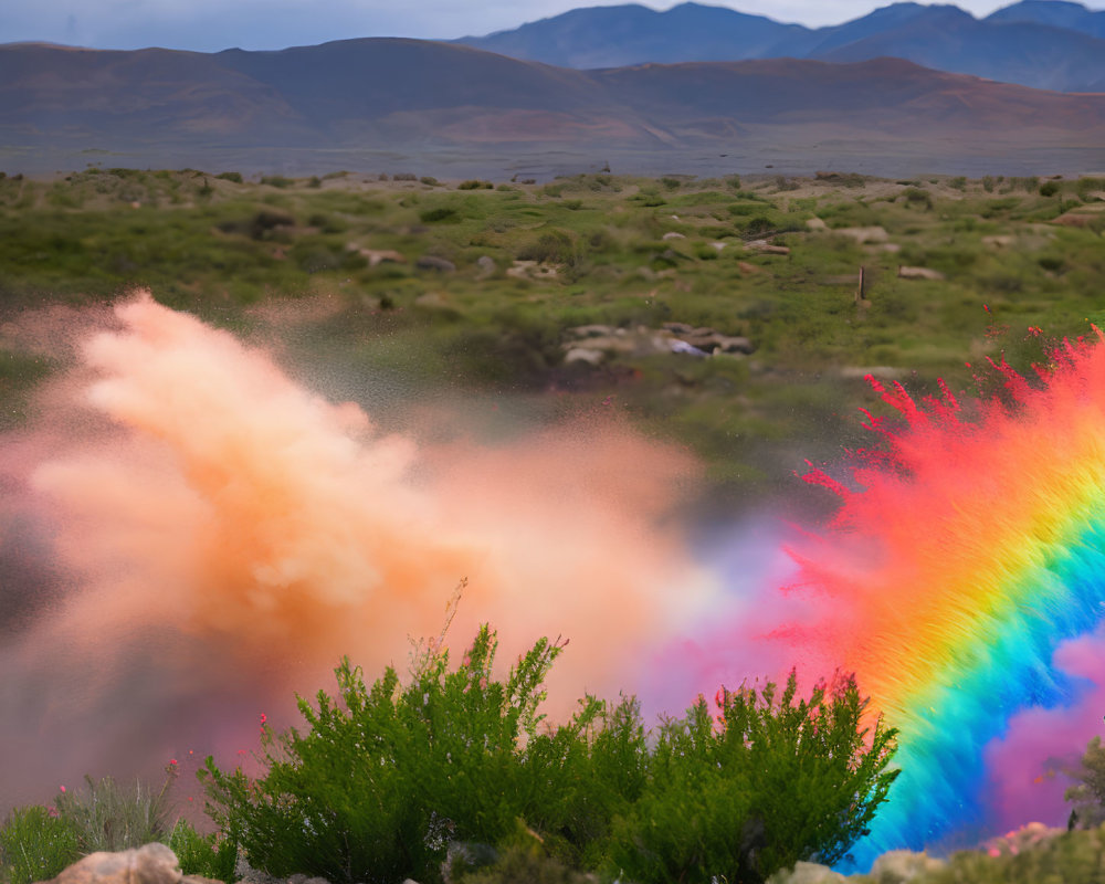 Colorful Rainbow Cloud Burst over Green Shrubs and Mountains