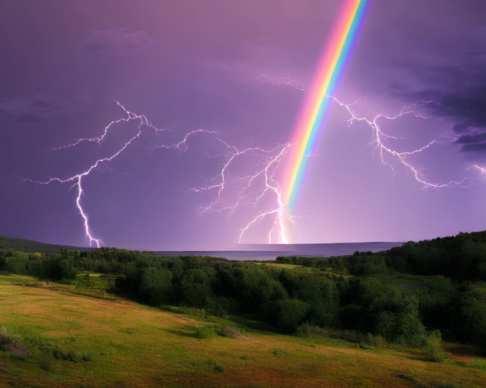 Vivid rainbow over stormy sky with lightning strikes & green landscape