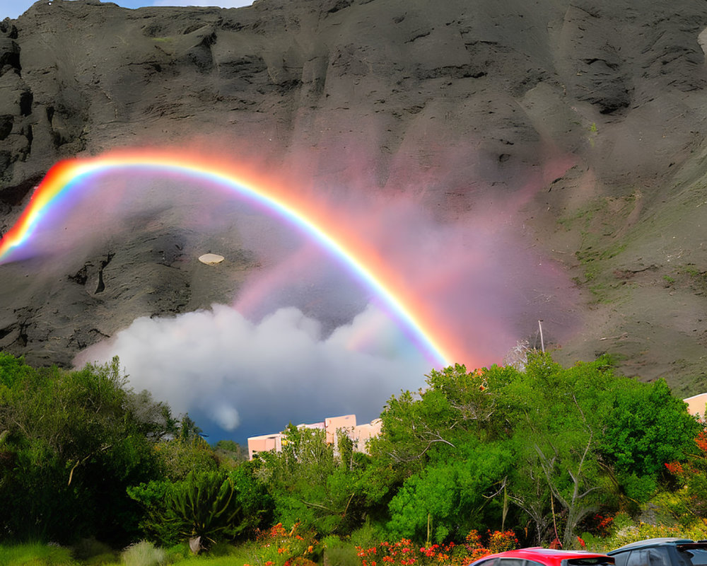 Colorful rainbow over parking lot with cars and hillside landscape
