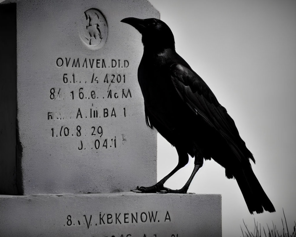 Monochrome image of crow on gravestone with inscriptions