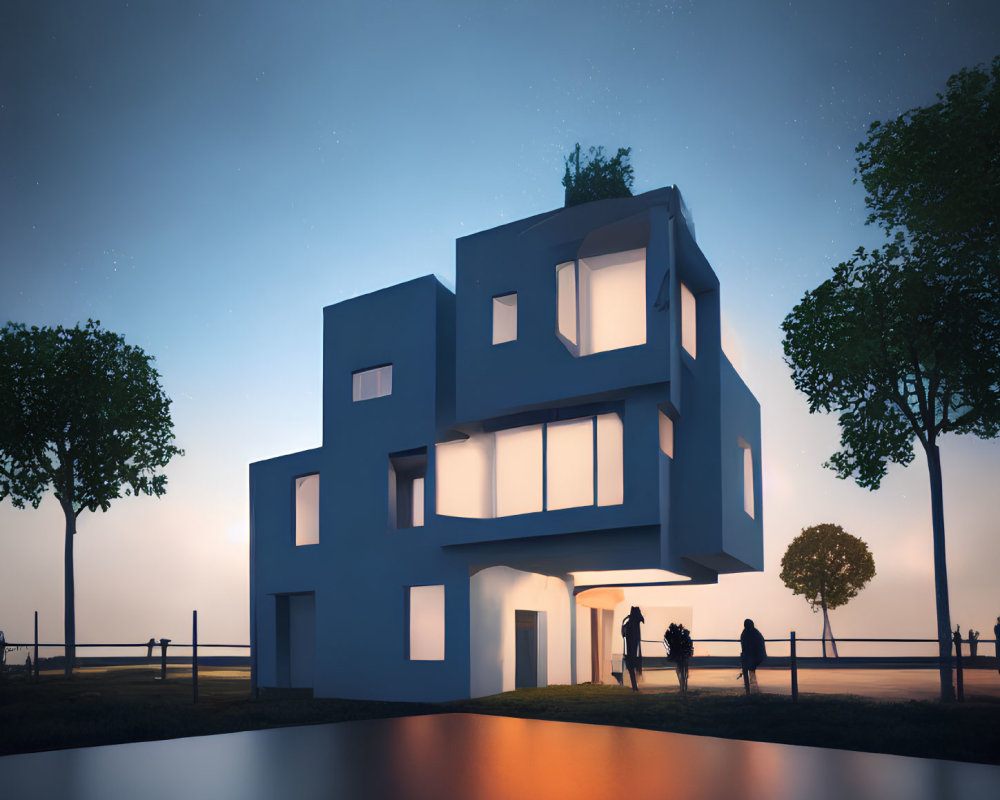 Contemporary geometric blue house at twilight with illuminated windows and water reflection.