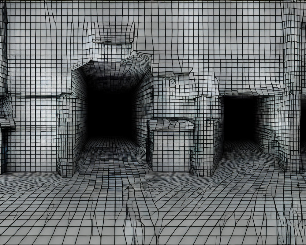 Wireframe 3D Room Model with Chair, Desk, and Blocky Objects