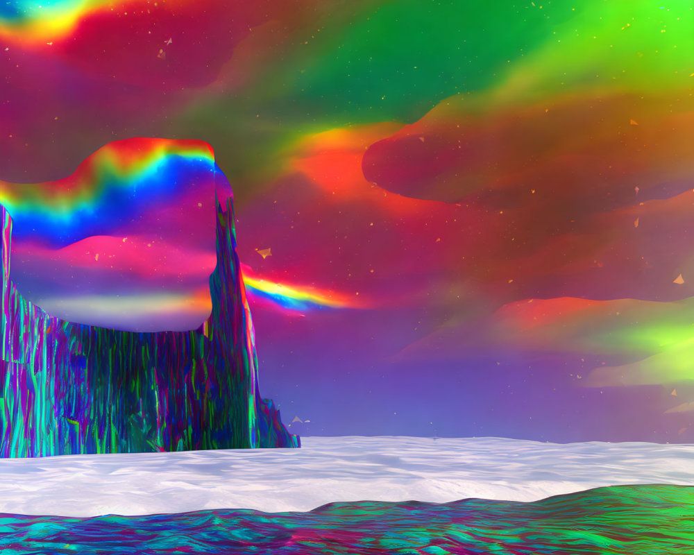 Surreal landscape with vibrant auroras and glossy, multicolored ground