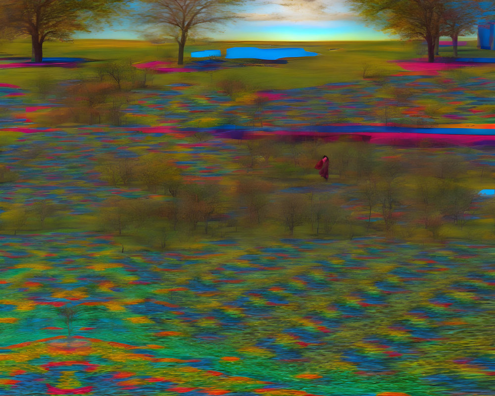 Digitally altered park image with distorted colors, trees, lake, and person walking