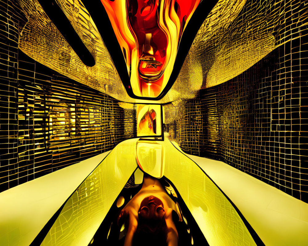 Abstract digital art: Vibrant red and yellow palette, wavy central figure, symmetrical corridor effect
