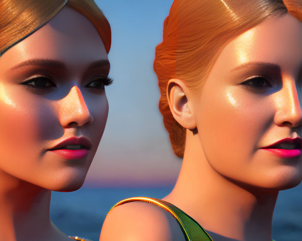 Golden-haired women with makeup in opposite directions under a sunset sky.