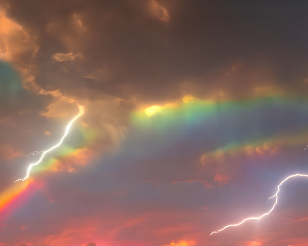 Iridescent Cloud Colors and Lightning in Stormy Sky