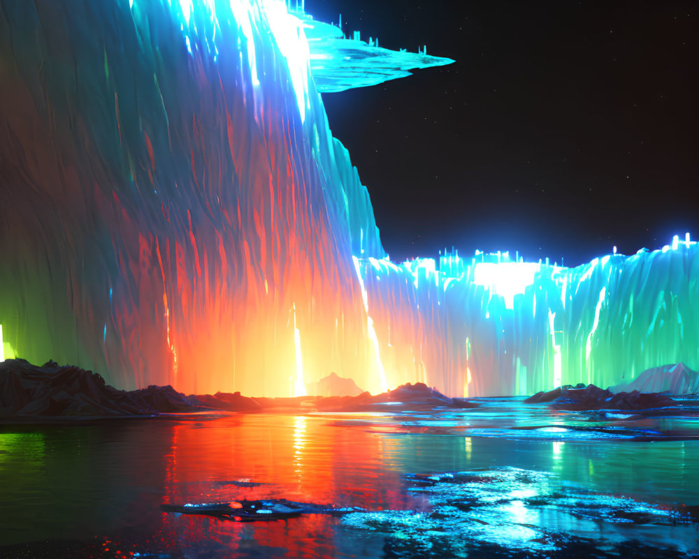 Colorful digital art: Luminous waterfall under night sky