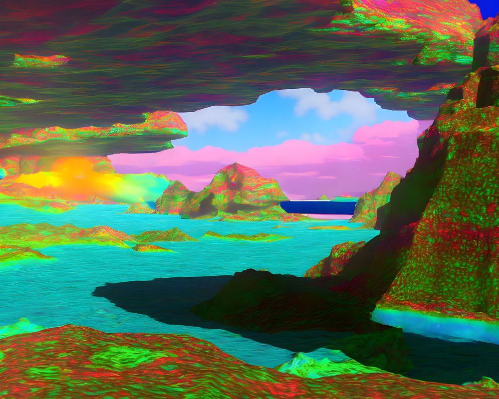 Colorful Psychedelic Landscape Overlooking Turquoise Sea