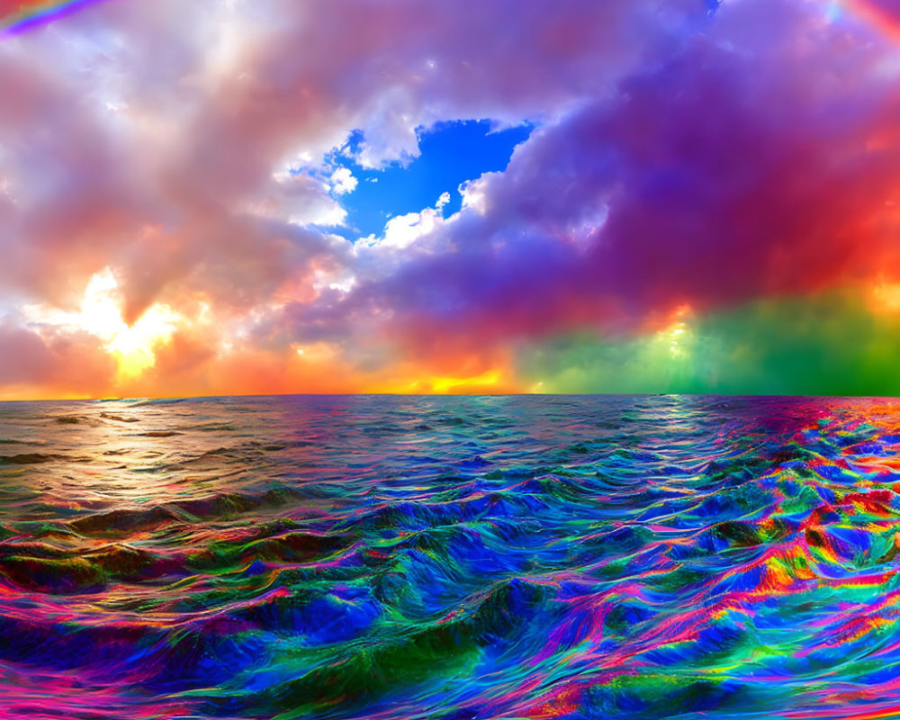 Surreal seascape with vibrant rainbow colors and heart-shaped cloud opening