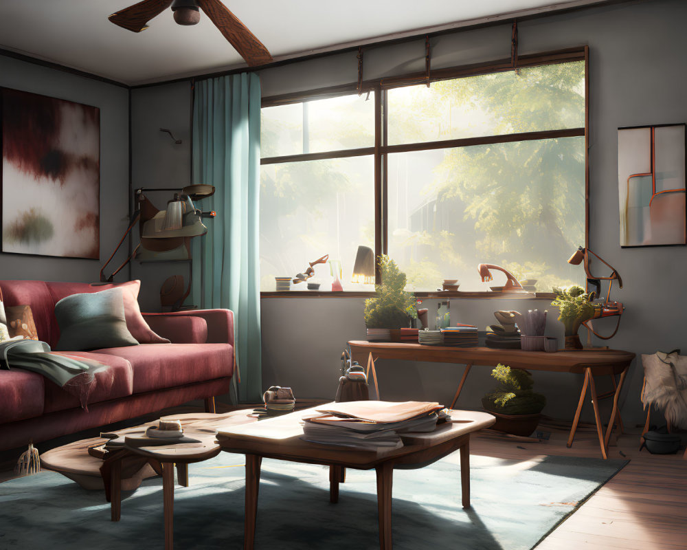 Daytime cozy living room with red sofa, wooden table, books, plants, and sunlight.