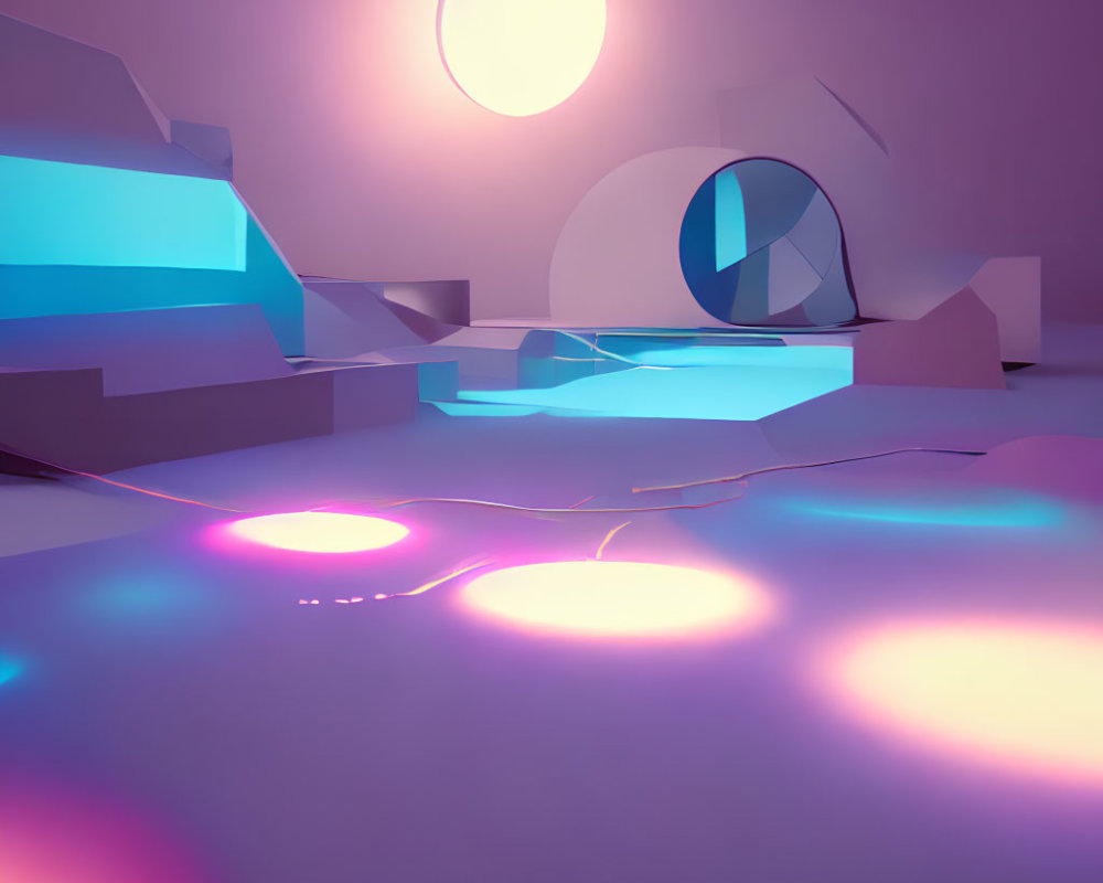 Pastel-colored 3D render of geometric shapes, stairs, and neon light reflections