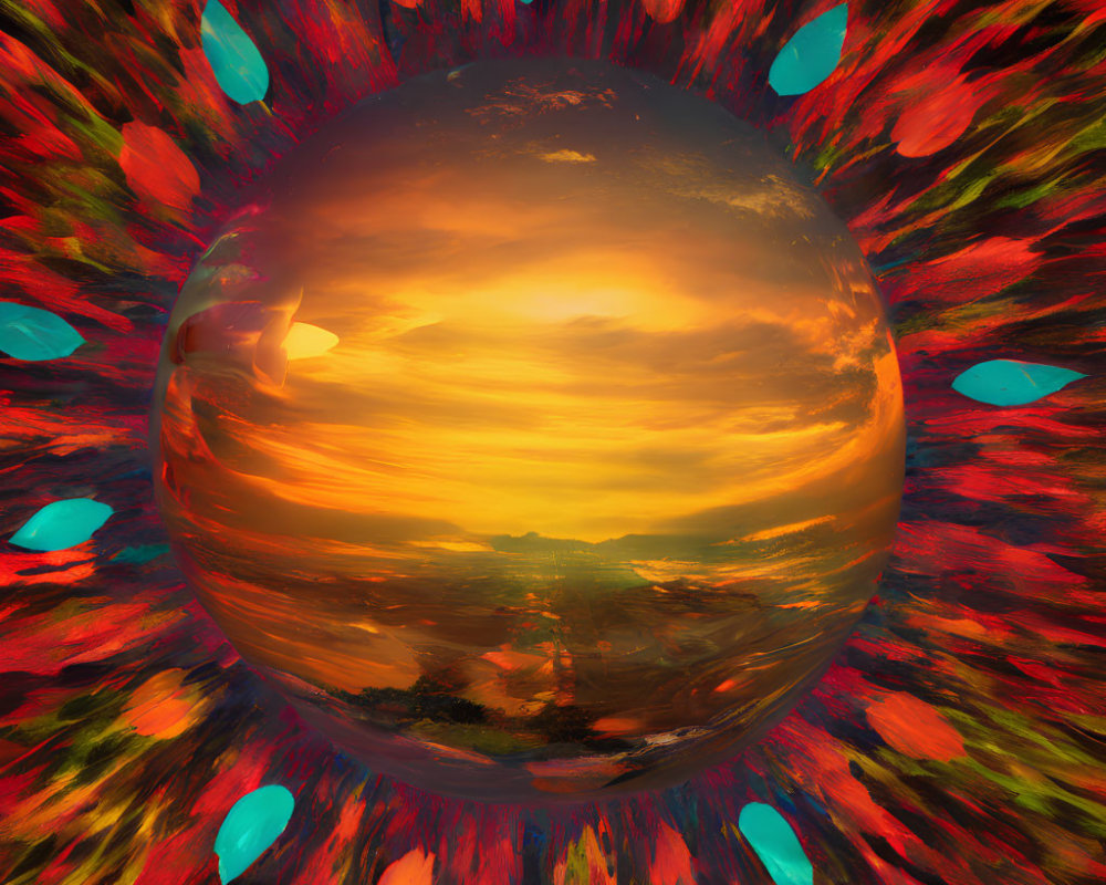 Circular Frame with Fiery Red and Cool Blue Teardrop Shapes Surrounding Surreal Sunset Landscape