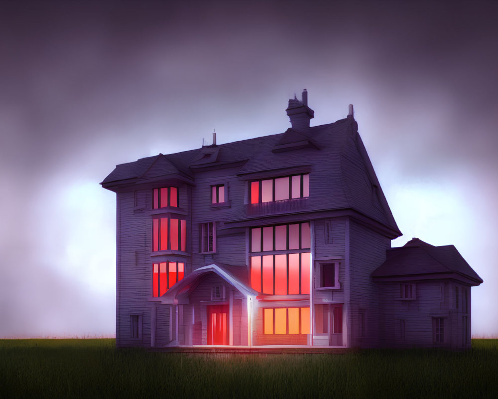 Spooky gray house with red windows in misty twilight