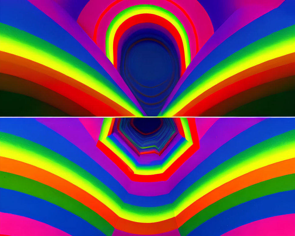 Symmetrical rainbow arches in vibrant abstract art.