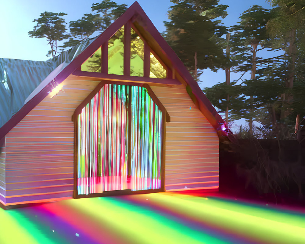Digital art: Modern A-frame cabin with rainbow lights in forest at dusk