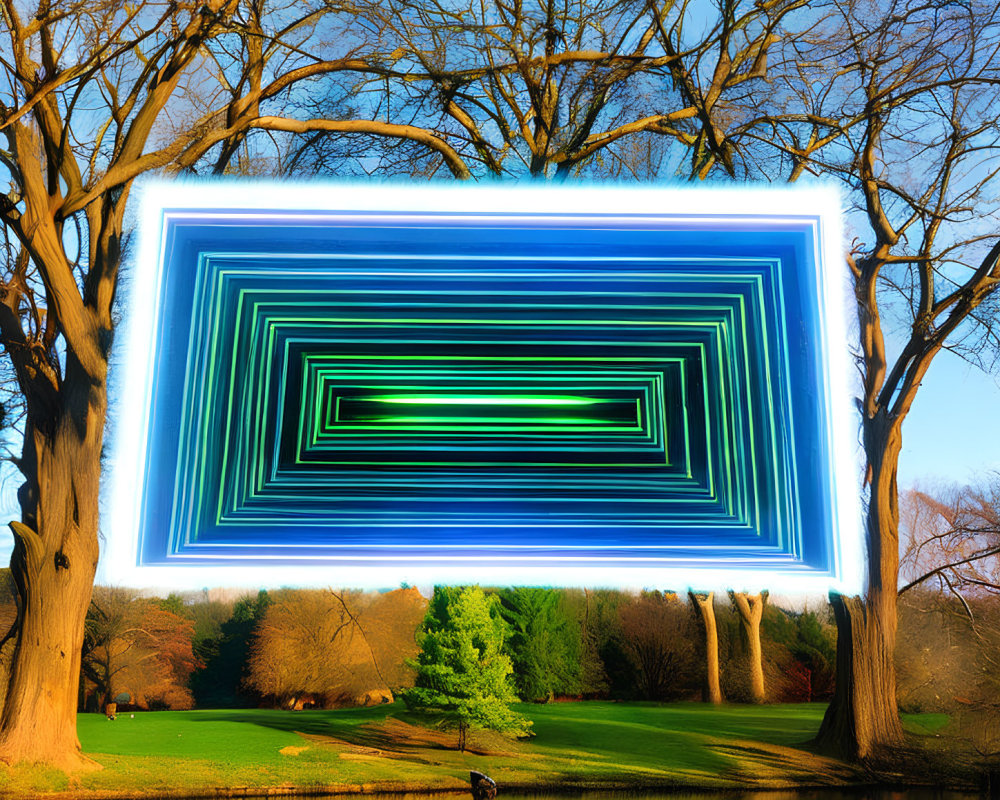 Surreal glowing rectangular frames in infinite tunnel illusion in vibrant park setting