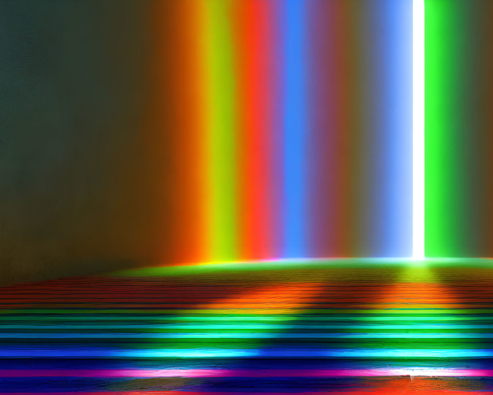 Colorful Rainbow Light Beams in Dark Room with Striped Reflections
