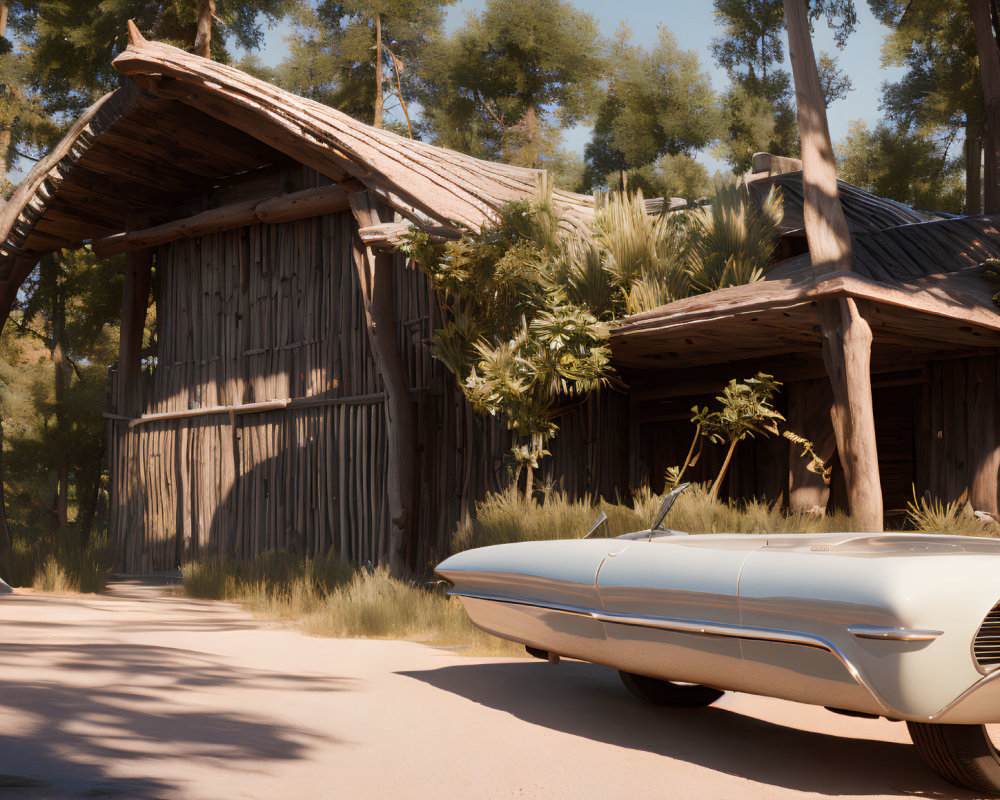 Silver futuristic vehicle parked by wooden cabin in forest clearing