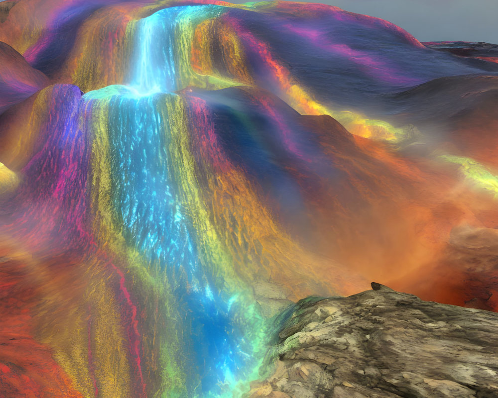 Colorful digital art: Multi-colored waterfall on rocky terrain under soft sky