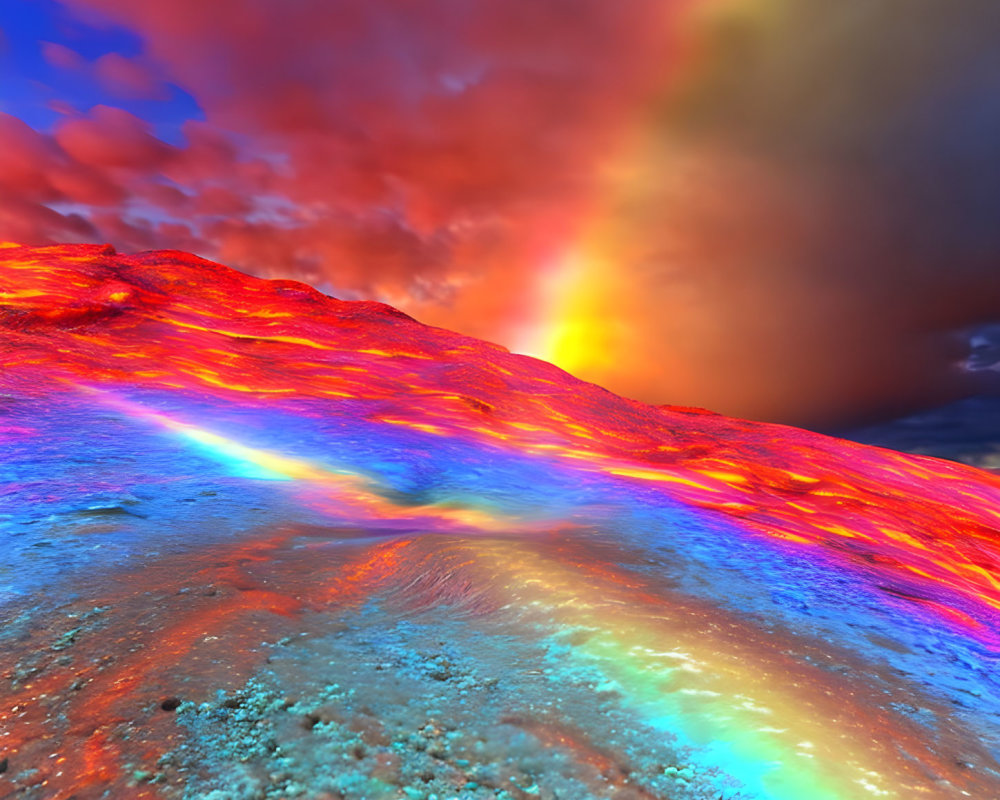Colorful surreal landscape with rainbow spectrum over molten surface and red-tinted sky