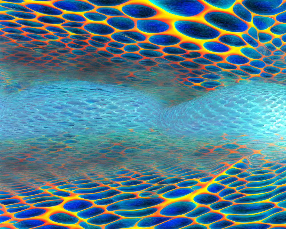 Metallic Abstract Wavy Pattern with Blue, Orange, and Yellow Spots